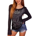 thumbnail image 2 of Women's T Shirts Retro Rose Print Long Sleeve Crew Neck T Shirt Casual Womens Tees Black L, 2 of 6