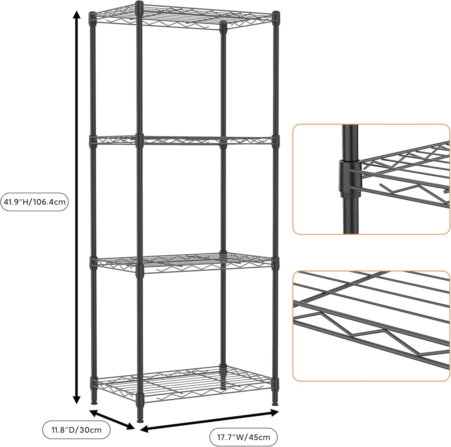 M MZG 4-Tier Metal Storage Rack, Shelving Unit with for Home, Kitchen, Living Room, Bathroom (Black, 4 Tier，11.8" D × 17.7" W× 41.9" H)