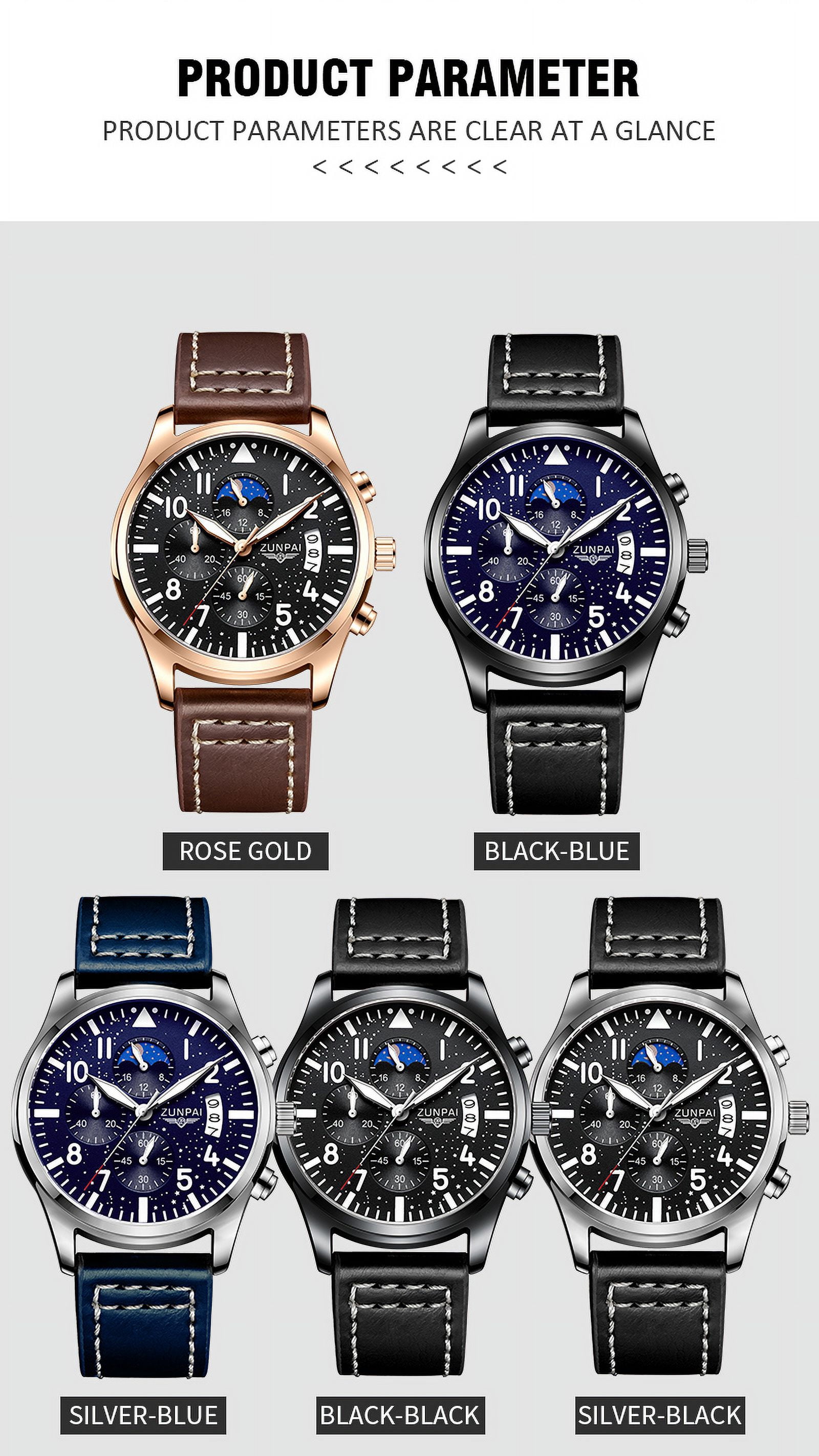ZUNPAI Watches for men Chronograph Quartz Watch with Luminous Calendar Analog Dial Waterproof Leather Strap Sport Fashion Wristwatch