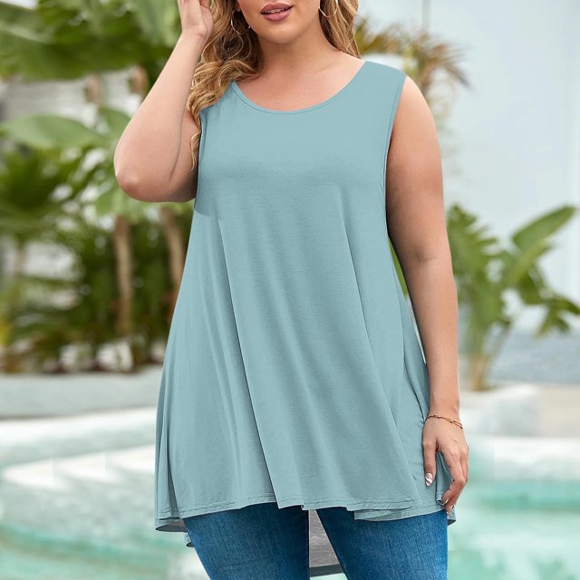 AherBiu Débardeurs d'Été Grande Taille pour Femmes Coupe Ample Col Rond Sans Manches Ourlet Fluide Mode Basique T-Shirt
