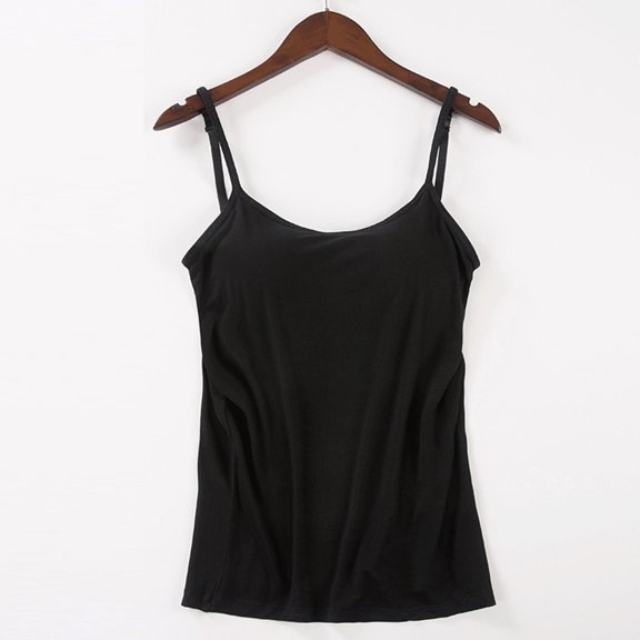 GlTpooo Women's Cami With Built-In Shelf Bra Plus Stretch with Adjustable Spaghetti Straps Basic Undershirt Layer Tank Top Black L