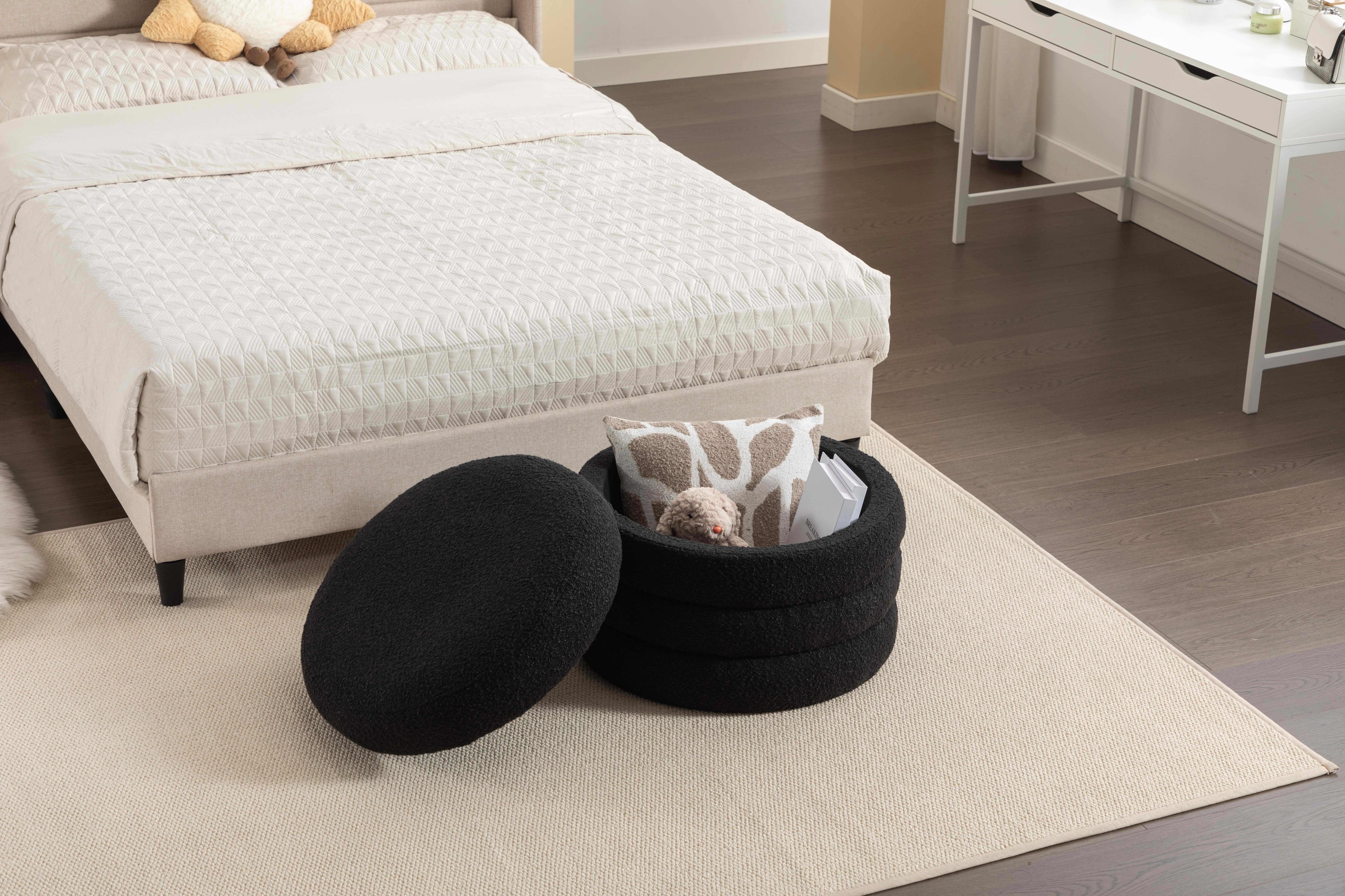 MAYEERTY Boucle Fabric Storage Round Ottoman Footrest Stool, with Wooden Shelving, Black