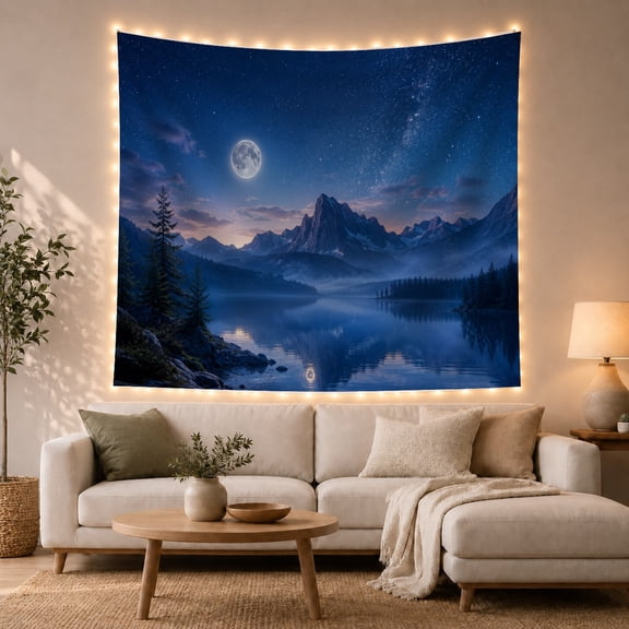 Full Moon Over Mountains and Mirror Lake, Serene Celestial for Nature Lovers, Night Sky Wall Art, Housewarming Gift, Tapestry Wall Hanging for Bedroom, Living Room and Dorm