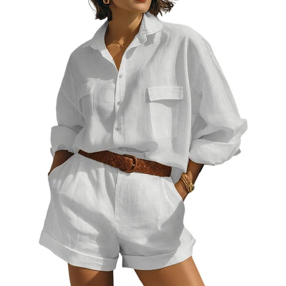Jaimenalin Womens Solid Color 2 Piece Outfits Long Sleeve Lapel Button Loose Fit Top Mini Shorts Summer Set White S
