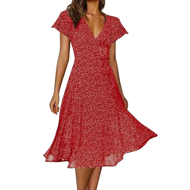 B91xZ Robe Maxi pour Femmes Manches Courtes Fente Latérale Robes Mini Évasées, Rouge m