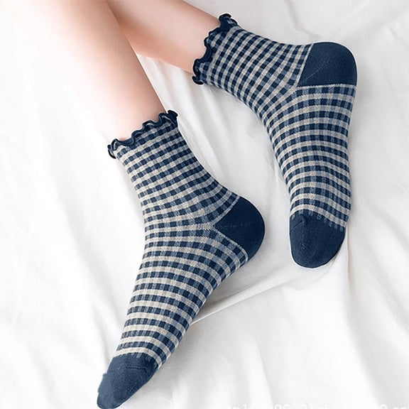 AVRNLIQ Womens Preppy Gingham Frilly Crew Socks, Soft Knit, One Size, Blue