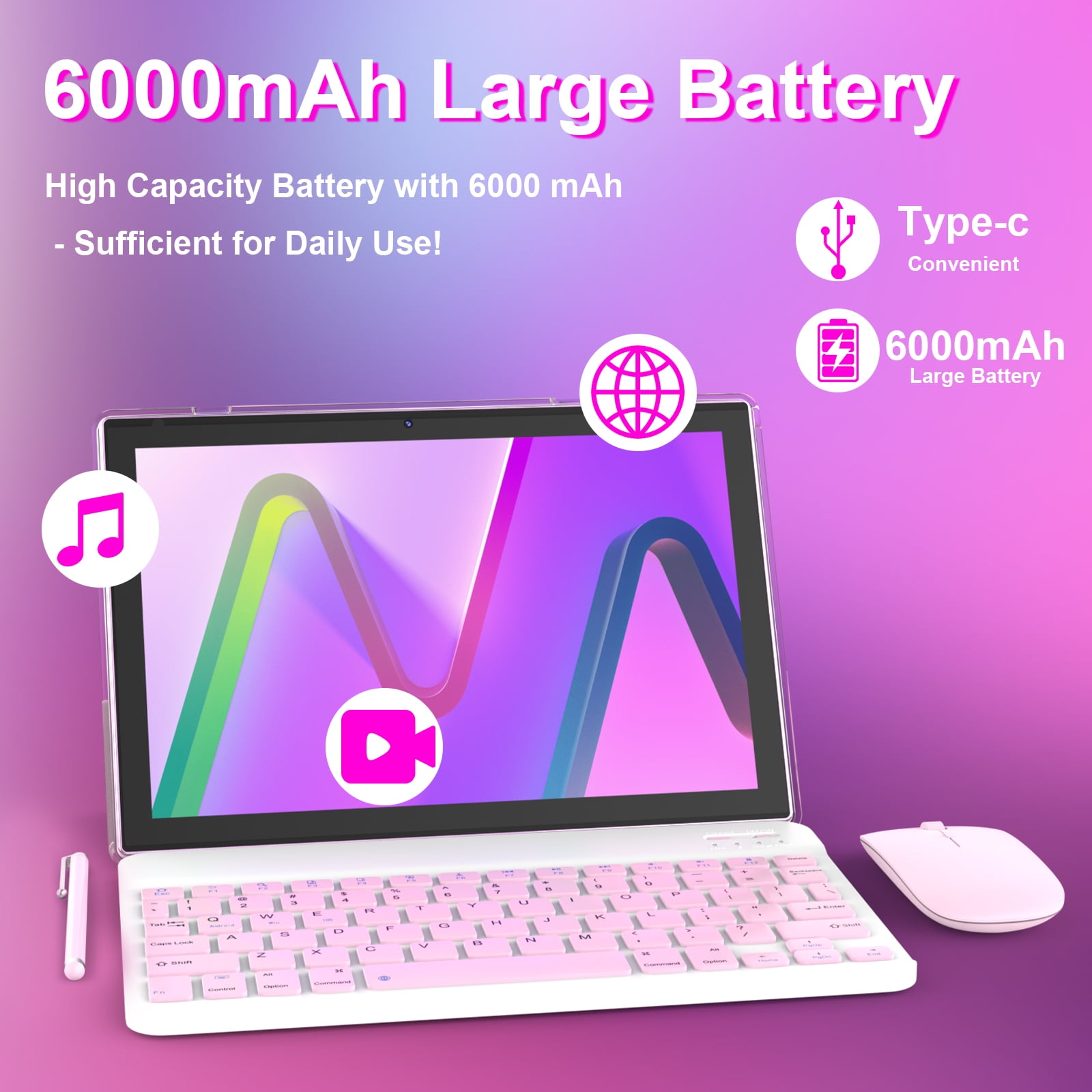 2024 Newest Android 12.0, 10.1 Inch Tablet with Keyboard Case, 4GB+64GB ROM/1TB Expand Tablets, Quad Core, HD Touch Screen, Dual Carema, Games, 2.4G/5G Wi-Fi 6, BT, Google GMS Certified