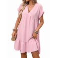thumbnail image 3 of Women'S Short Sleeve V Neck Ruffle Hem Solid Swing Smock Dress Pink S, 3 of 9