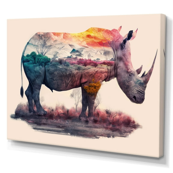 Designart Double Exposure Of A Rhino With African Landscape Canvas Wall Art