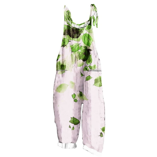 yoeyez Rompers for Women Summer,Ladies Print Summer Plus Size Long Jumpsuits Sleeveless Adjustable Straps Backless Overalls Jumpsuits With Pockets Green,XXL