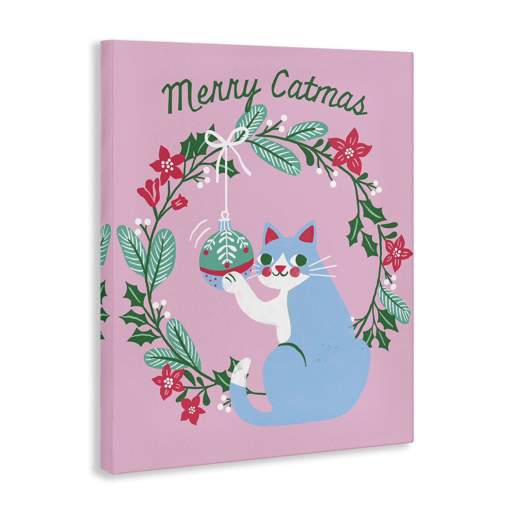 Stupell Industries Merry Christmas Pink Cat Holiday Painting Gallery Wrapped Canvas Art Prints Wall Art, 36 x 48