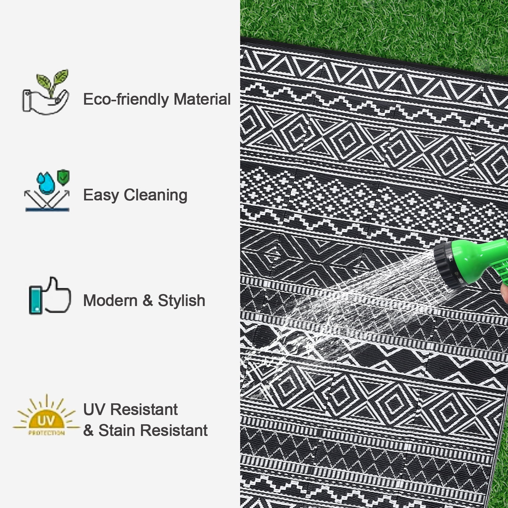 HIWEAVER 9' x 12' Black/White Outdoor Rug PP Plastic Straw Woven Waterproof Patio Rug with Border Portable Outside Carpet for Balcony Deck Picnic Garden Decor