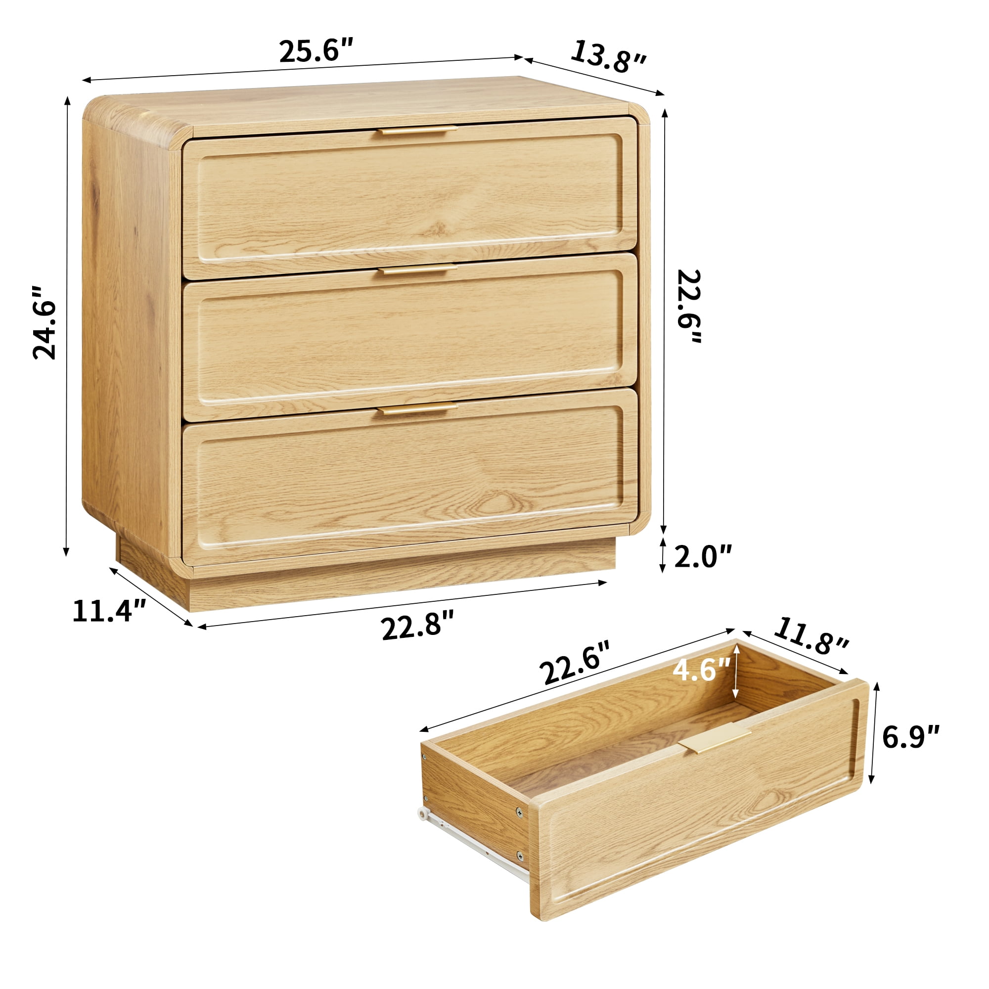 Set of 2 Mid-Century Modern 3-Drawer Dresser & Nightstand, Wood Storage Cabinet for Bedroom, Living Room or Entryway, Farmhouse Bedside Table, Oak