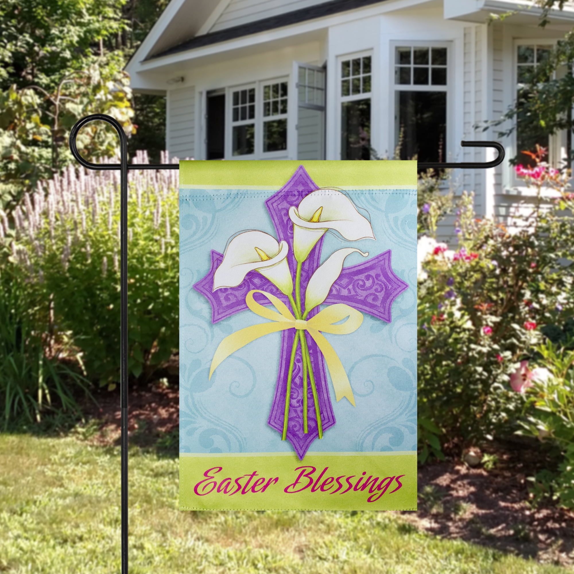 Easter Blessings Cross and Lilies Outdoor Garden Flag 12.5" x 18"