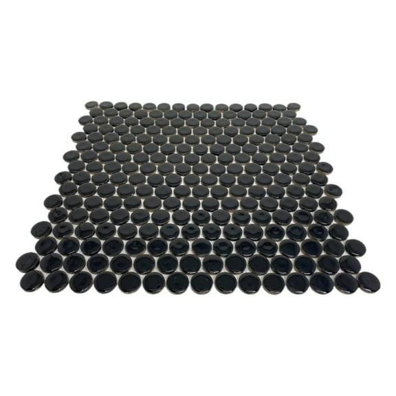 Glossy Black Penny Round Porcelain Mosaic Tile Floor and Wall Tile (Box of 10 Sqft), Backsplash Tile, Bathroom Tile on 12x12 Mesh for Easy Installation