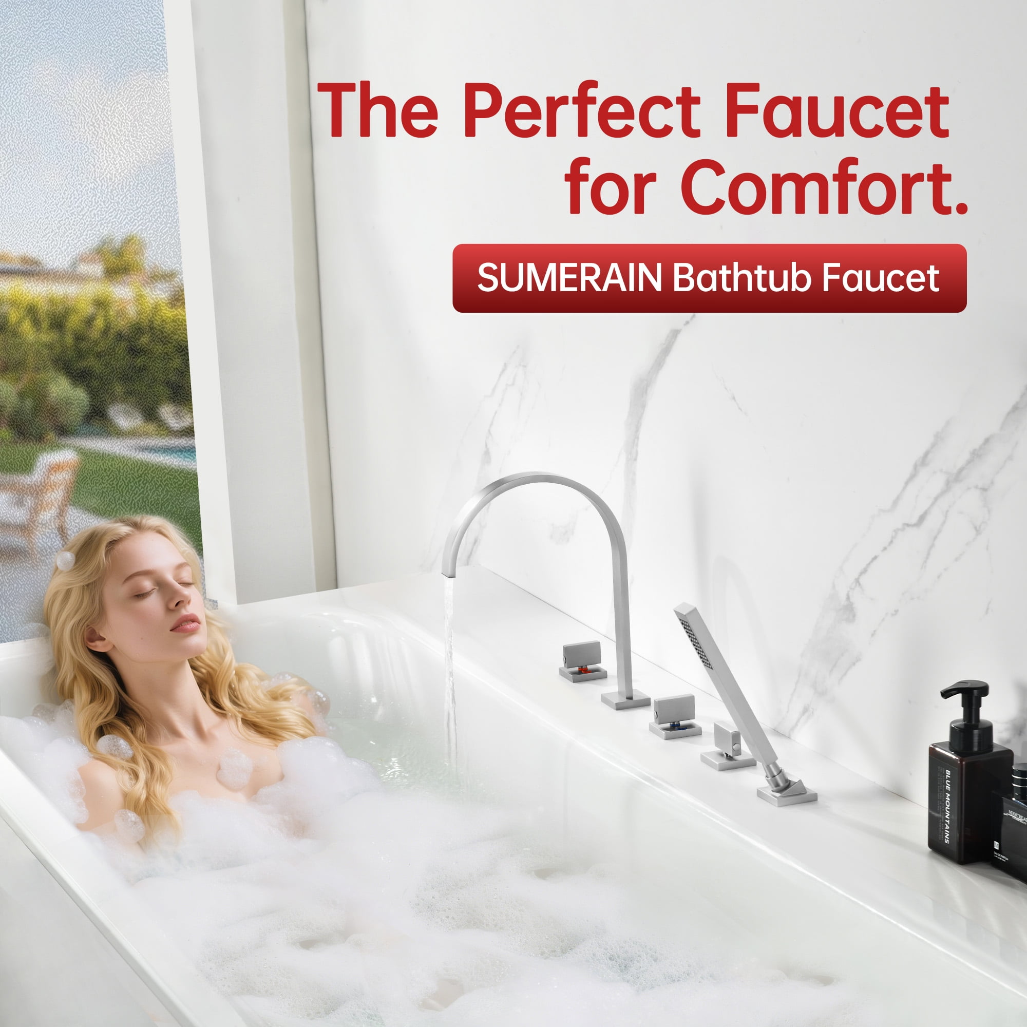 SUMERAIN Deck Mount Roman Tub Faucet, 5 Hole Waterfall Bathtub Faucet with Hand Shower, High Flow, Brushed Nickel