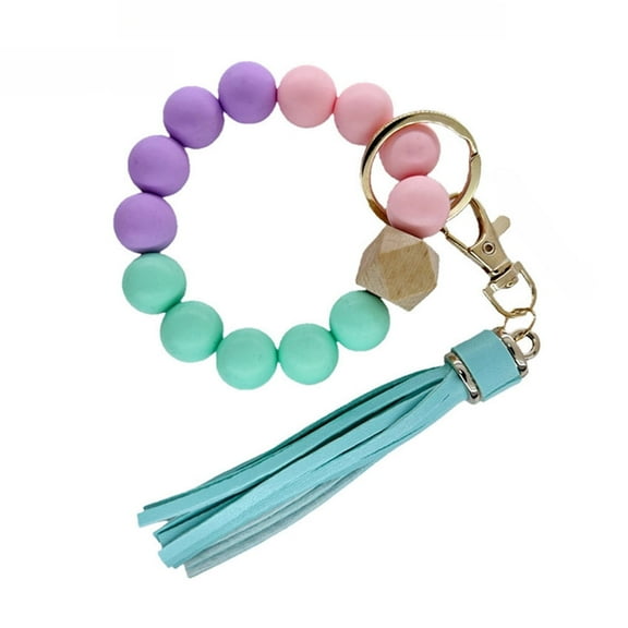 Wristlet Bracelet Keychain Silicone Women Beaded Bangle Tassel Key Ring Chains
