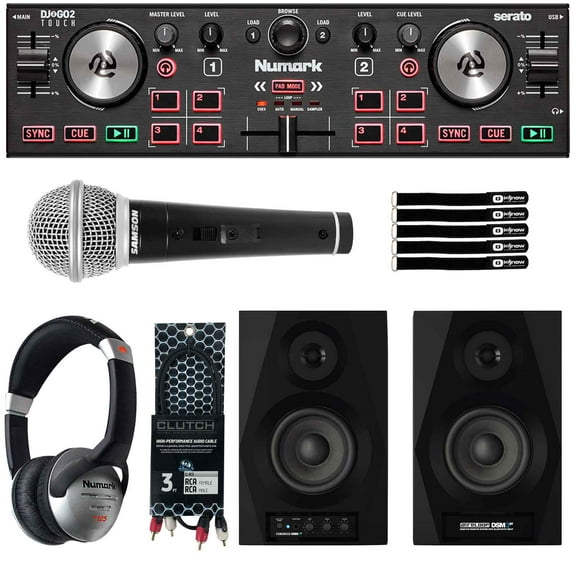 Numark DJ2GO2 Touch Pocket DJ Controller with Clutch CL-SG3BT Sonic Groove 3.5" 2-Way Desktop Monitor Speakers Package
