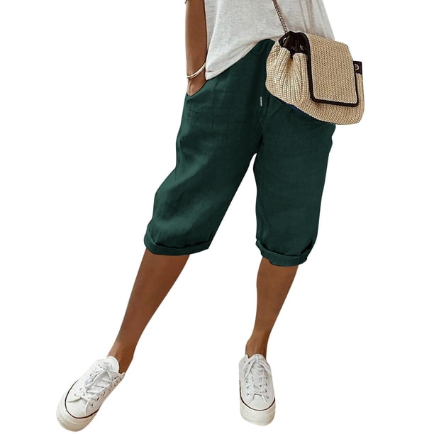 MKLEKYY Pantalones Cortos Para Mujer, Moda Femenina, Lisos, Con Bolsillos Grandes, Elásticos, Casuales, Capris Con Bolsillos
