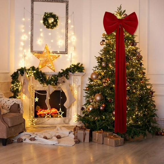 Christmas Velvet Red Bow Christmas Tree Topper Bow Decorations 17.7''x 51'' Red Xmas Decorations for Xmas Tree Home Wreath Front Door Fireplace