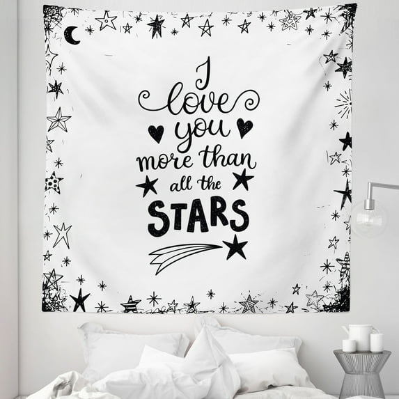 I Love You Tapestry, Framework with Doodle Star Shapes Hand Lettered Phrase for Love, Fabric Wall Hanging Decor for Bedroom Living Room Dorm, 5 Sizes, White Charcoal Grey, by Ambesonne