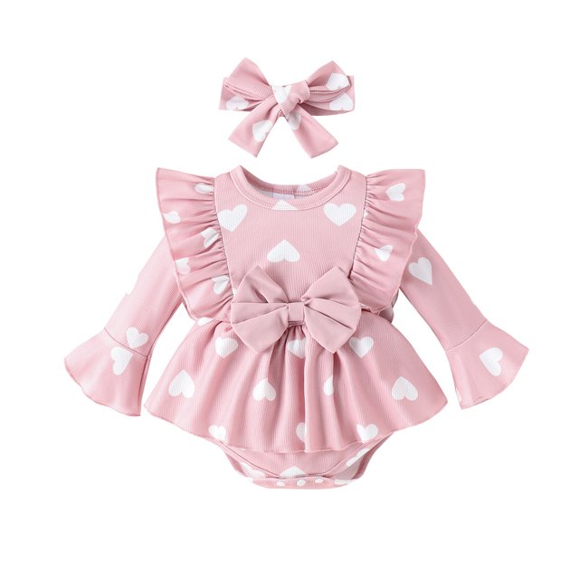 Gibobby Mamelucos para bebe niño Bebé Niñas Manga Larga Día de San Valentín Acanalado Bowknot Recién Nacido Monos Vestido Diademas Trajes(Rosa, 12-18 Meses)