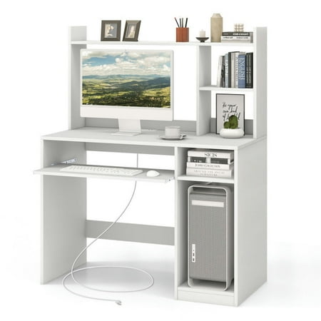 Spaco Home Office Computer Desk with Bookcase Keyboard Tray and CPU Stand-White Office Desk Gaming Computer Desks for Study Working Writing