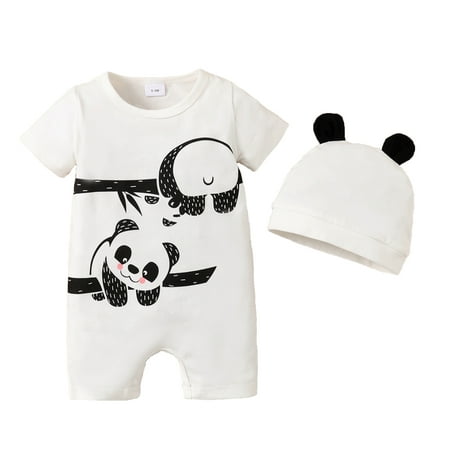 

Kucnuzki Infant Baby Boy Clothes 12 Months Summer Bodysuit 18 Months Short Sleeve Carton Panda Prints Cozy Jumpsuit Bodysuit Hat 2PCS Set White