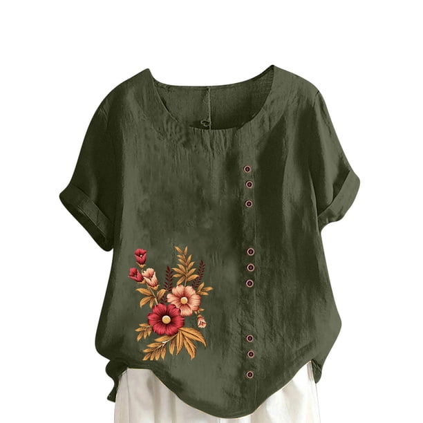 Camisetas de Manga Corta para las Mujeres Impreso Botón de Manga Corta Camiseta Blusa Poliéster, Ropa Casual Mirar Superior para las Mujeres