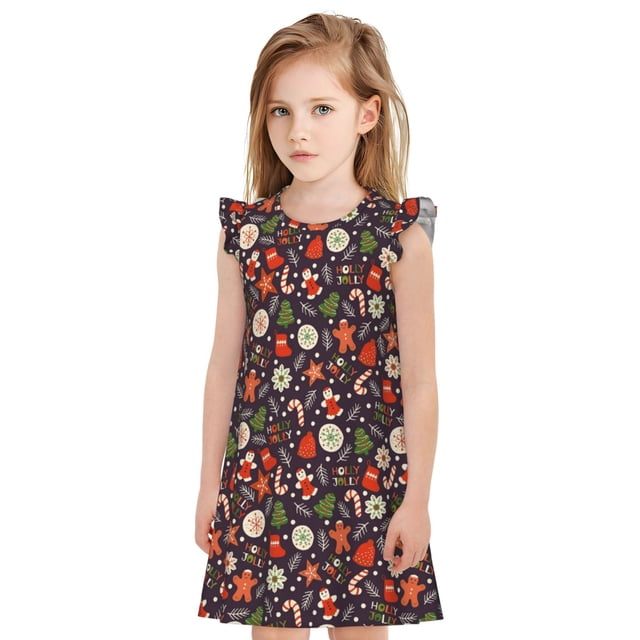 Fotbe Winter Holiday Christmas Vestido de Dormir para Niñas de 3 a 10 Años, Mangas Cortas, Estilo Princesa, Pijama Camisón con Mangas Voladas-Large