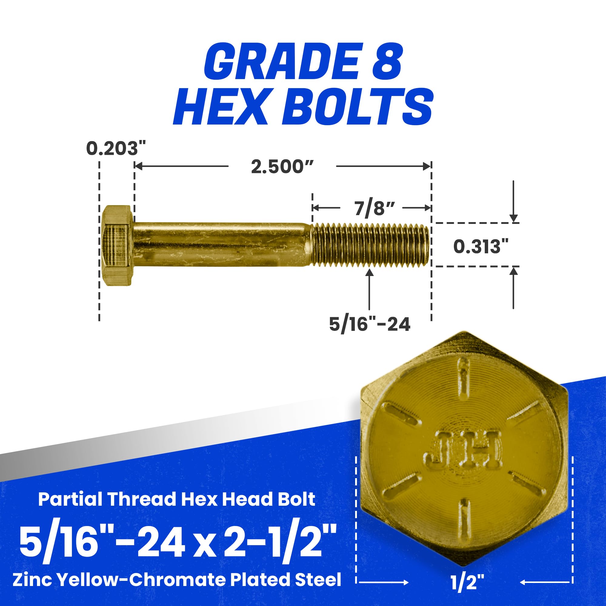 Fastenere 5/16"-24 x 2-1/2" Hex Bolts Grade 8 Zinc Yellow-Chromate Plated Steel, Partial Threaded Durable Hex Bolts for Machinery & Construction, Rust-Resistant, Heavy-Duty Fasteners, Pack of 25