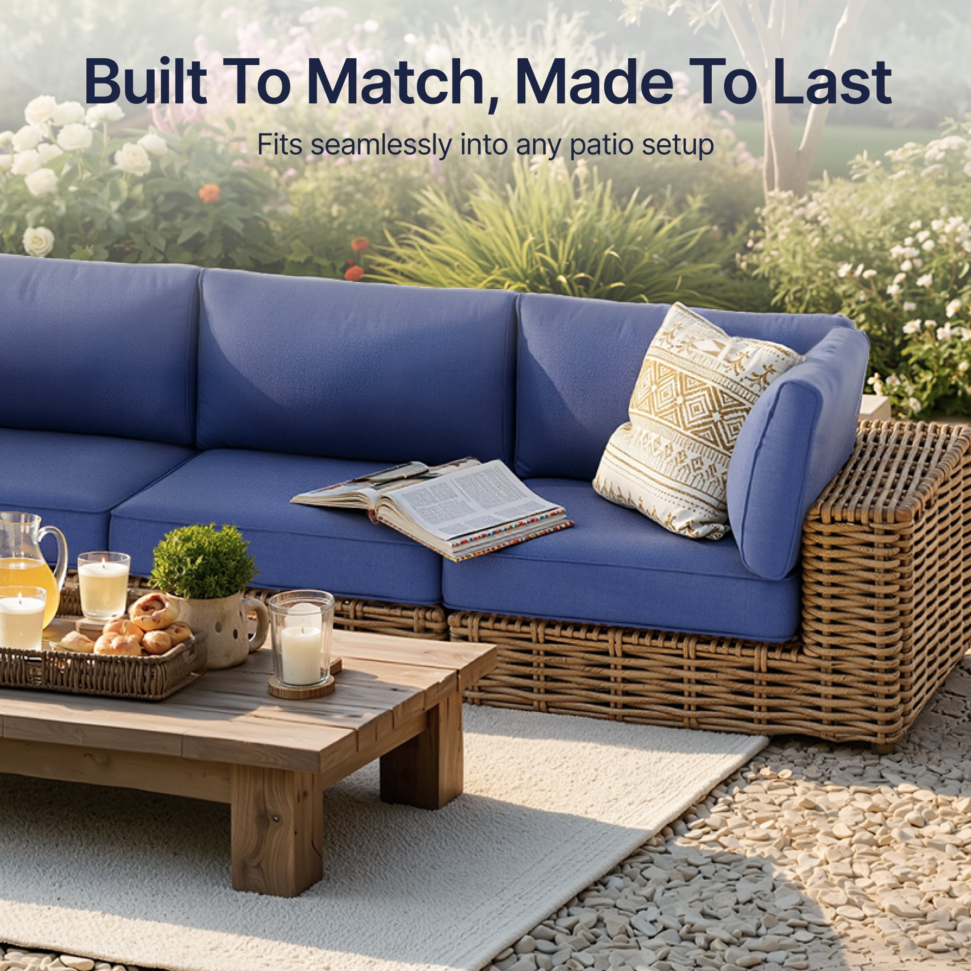 SUNCOZE 14-Piece Outdoor Patio Cushion Set for 6-Seat Sectional Sofa, 25.6 x 25.6 Inch Replacement Cushions, 4-Inch Thick, Non-Slip, Weather-Resistant, Blue