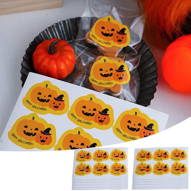 Fiudx Ofertas relámpago del día 60 hojas de pegatinas de Halloween, suministros para fiestas de calabaza, galletas, frascos, dulces, etiquetas adhesivas, pegatinas de sellado, pegatinas decorativas p