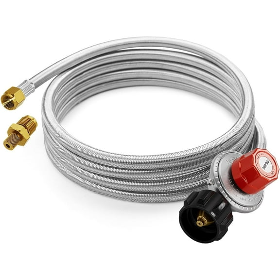 15FT High Pressure Propane Regulator Hose, 0~20PSI Adjustable Propane Tank Regulator, QCC1 & 3/8” Female, Fit for Turkey Fryer，Fish Fryer，Propane Burner，Fire Pit, Forge, and More, Braided