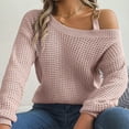 thumbnail image 7 of ZQGJB Sweaters for Women Casual Metal Strappy Cold Shoulder Pullover Tops Loose Fit Solid Color Long Sleeve Crochet Knitted Tunic Blouse Pink M, 7 of 7