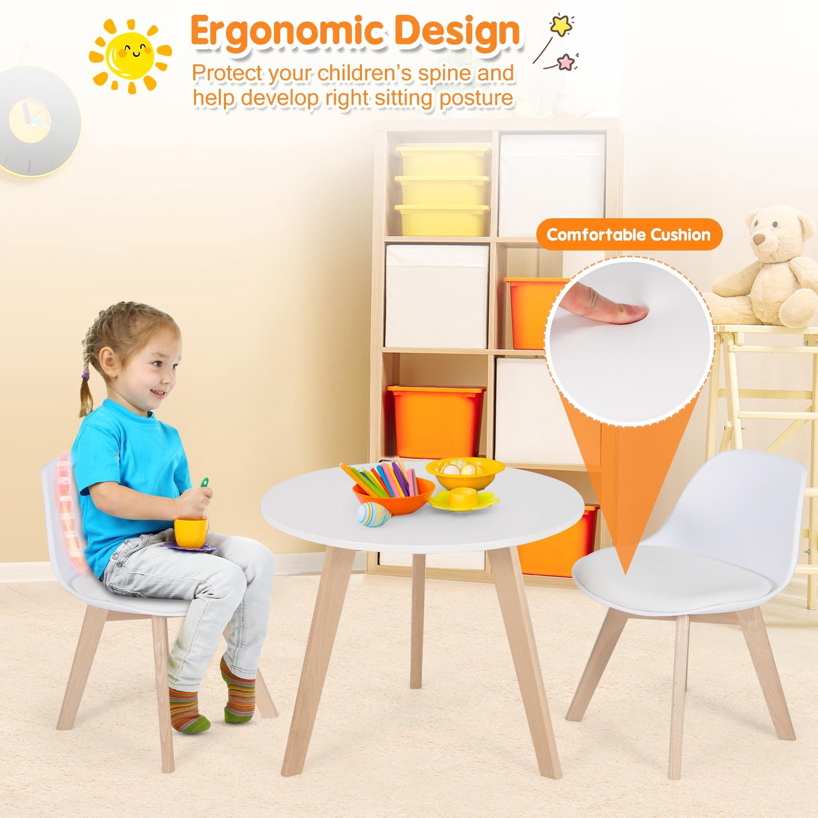 Giantex 3 Pcs Kids Table and Chair Set, Wood Activity Set w/Cushioned Seats, Child-Sized Furniture for Toddlers