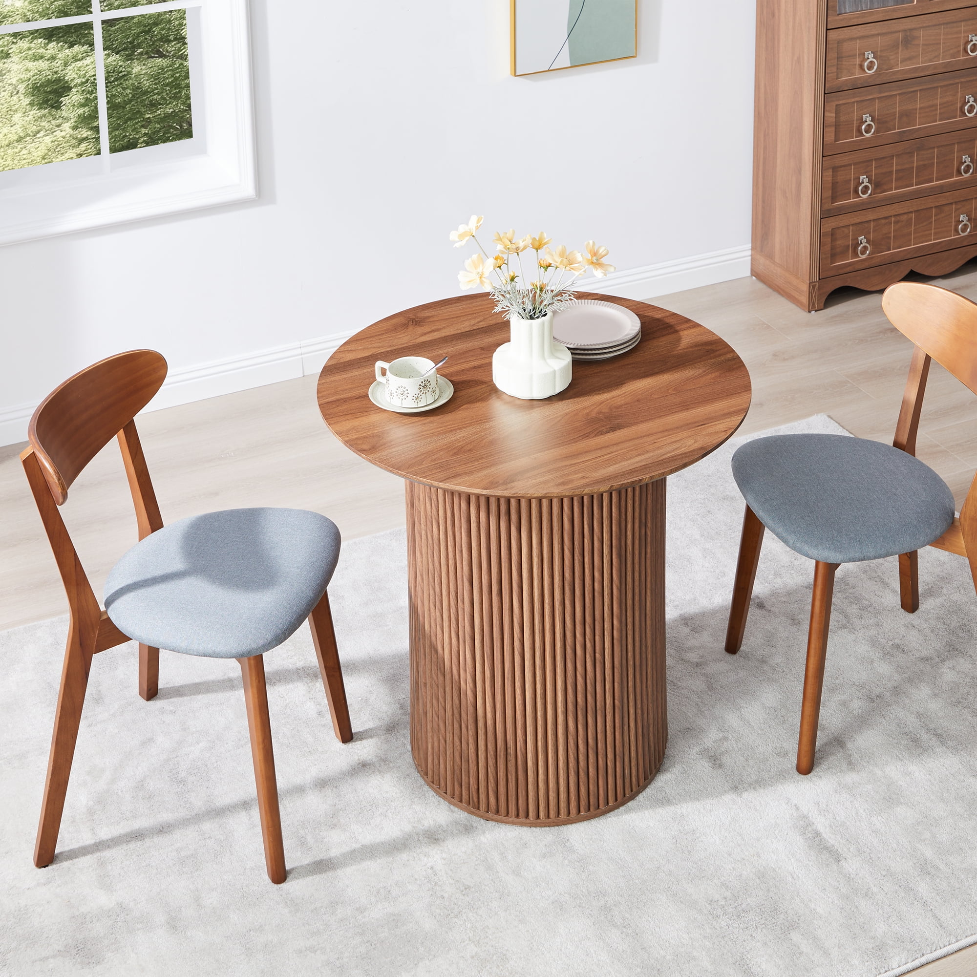 PHOYAL Fluted Small Round Dining Table for 2, 31.5 Inch Circle Dining Table for Kitchen Small Space Apartment, Walnut