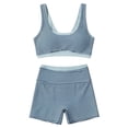 thumbnail image 4 of YHCY Womens Striped Workout Sets 2 Piece Double Layer Yoga Set Wide Strap Sports T Shirt Bra Elastic High Waisted Tummy Control Biker Shorts Stretchy Soft Lounge Athletic Sets Sky Blue Xl, 4 of 7