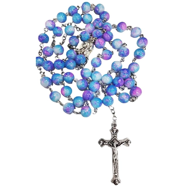 Collares Rosarios CatholicDivin05 1Pza 57cm 2.3x4.2cm Cruz Cuentas 8mm Vidrio Azul/Morado.