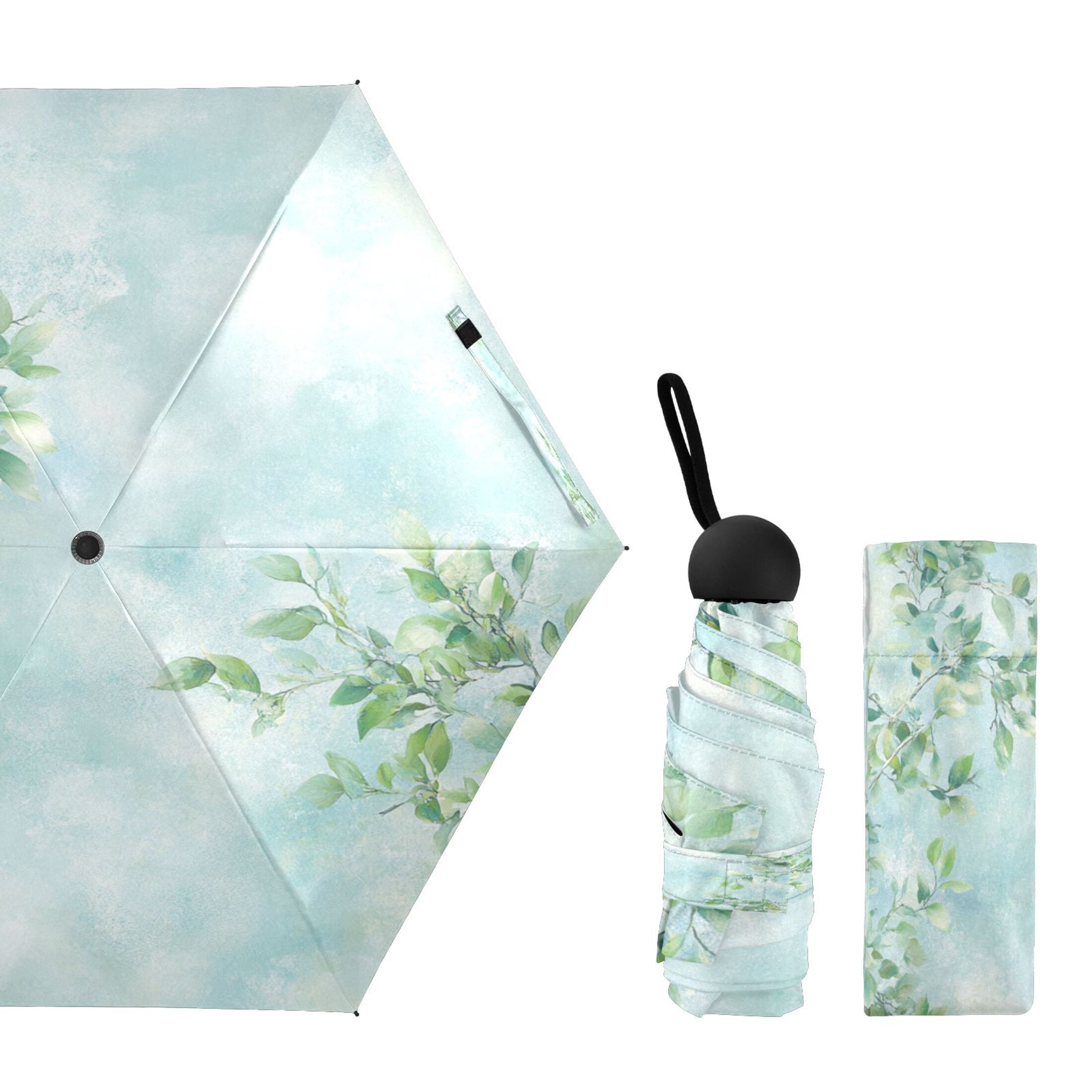Soft Leafy Background Umbrellas for Sun Auto Open Close UV50+ Waterproof 5-Fold Compact Fiberglass Frame