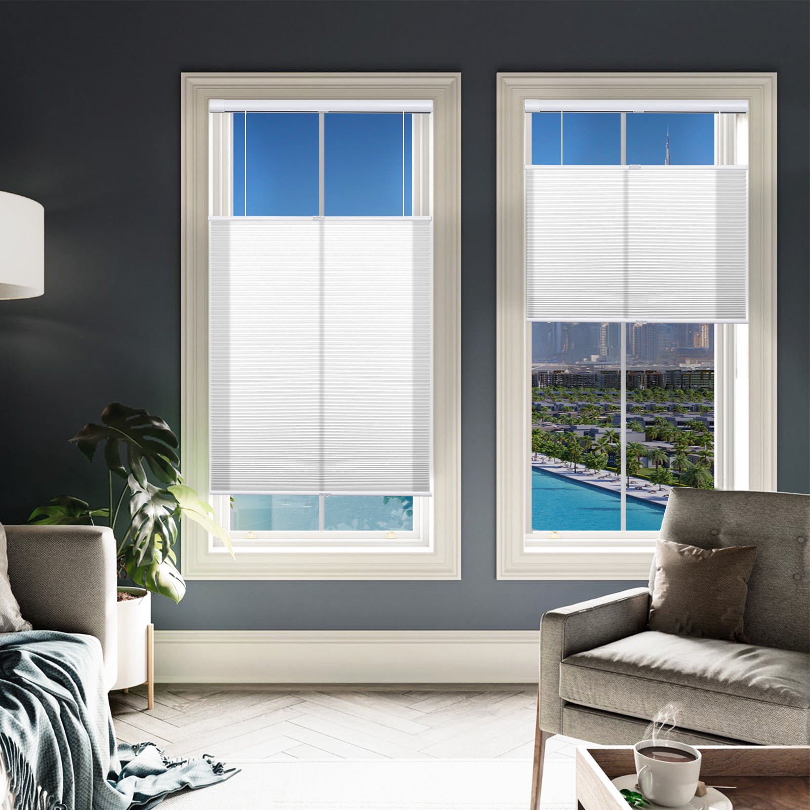 Keego No Drill Top Down Bottom Up Cellular Shades for Windows Light Filtering Cordless Blind Window Shades No Tool Honeycomb Blinds Shades for Home, Easy To Install, White, 20"W x 48"H