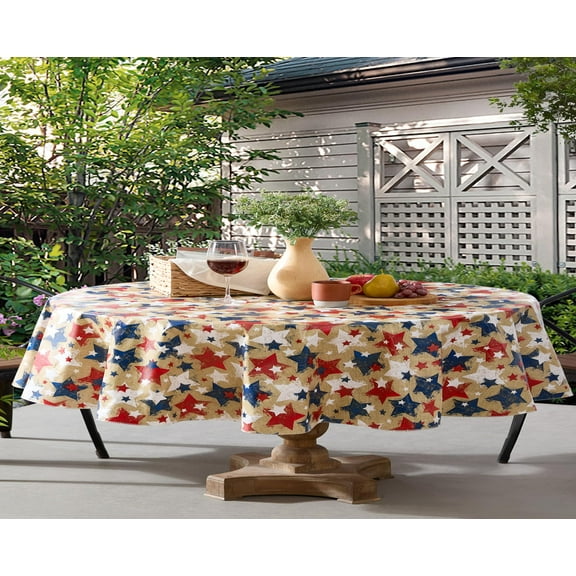 Newbridge Burlap Patriotic Stars 60 x 84 inch Oval Vinyl Flannel Backed Tablecloth
