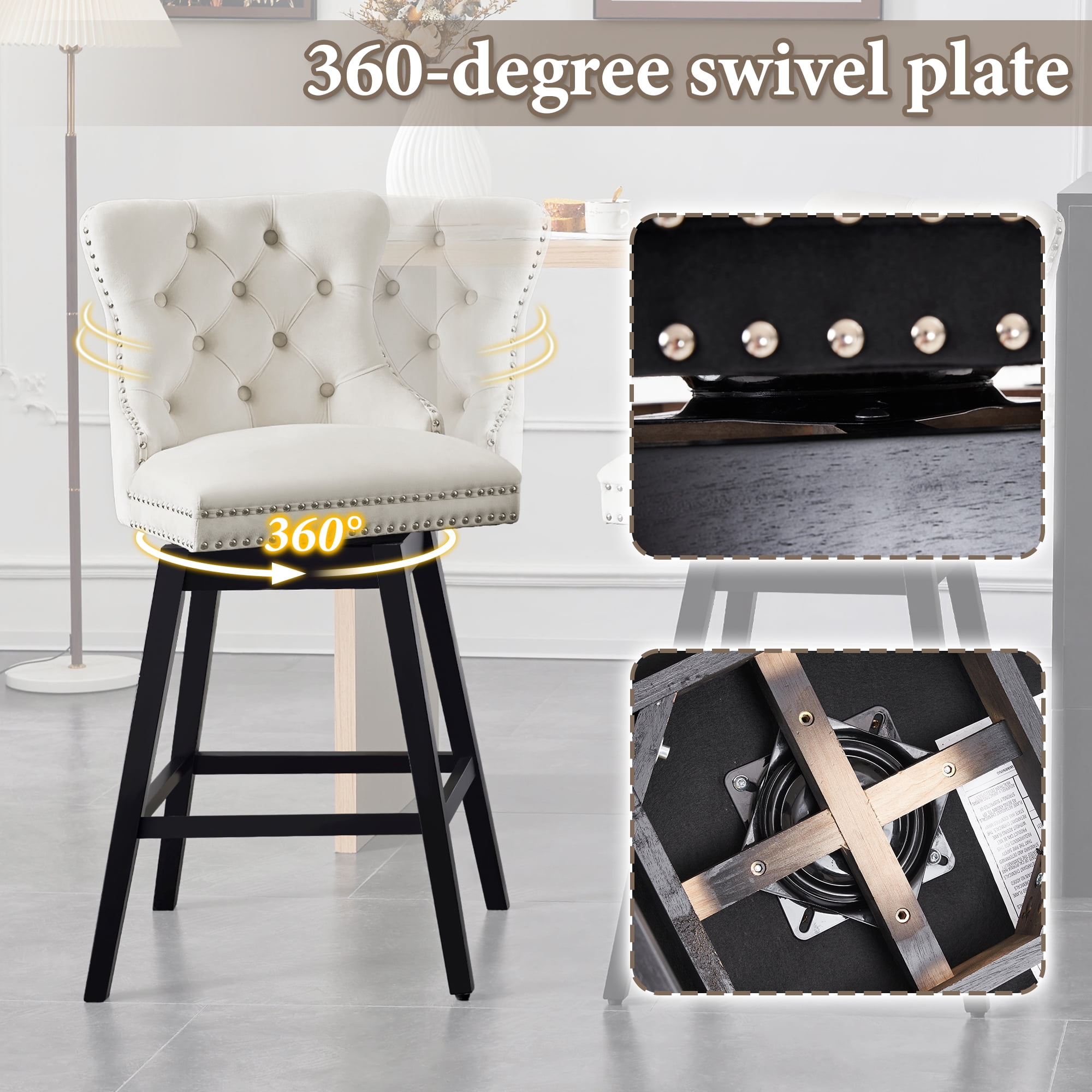 TEWLOSS 26" Swivel Counter Height Bar Stools Set of 4, Beige Velvet Kitchen Stools with Back