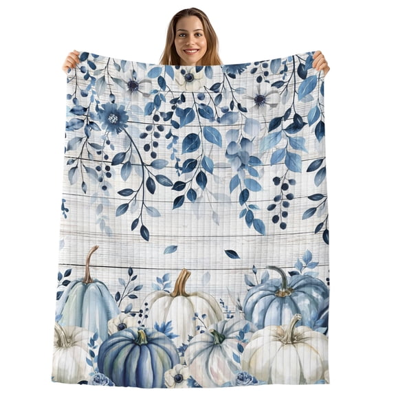 Vintage Fall Blue Throw Blanket, Flannel Fleece Blanket with Striped Design for Couch, Thanksgiving Botanical Pumpkins Soft Breathable All Season Plush Blankets for Sofa Office Chair 30"x40"