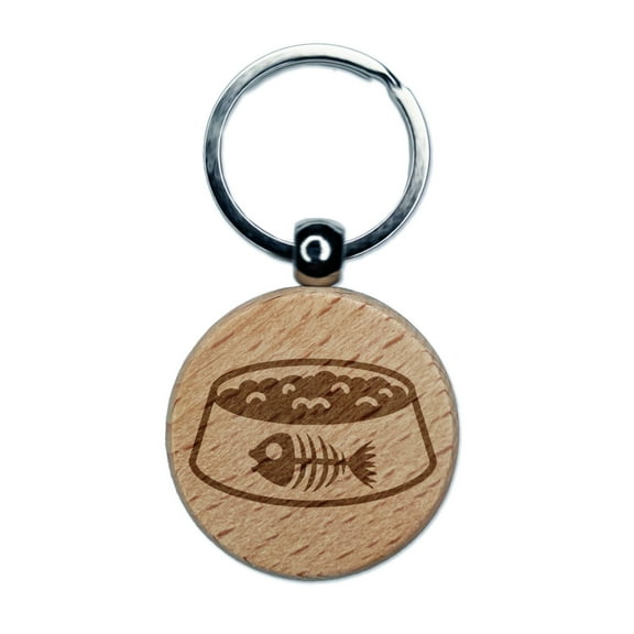 Cat Food Bowl Round Keychain Charm Tag - Engraved Wood