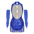 thumbnail image 2 of Xnihocha Women's Latin Dance Outfit Glittery Leotard with Metallic Tassel Gloves Tango Dancewear Royal Blue L, 2 of 7