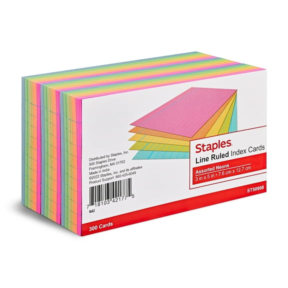 Staples 3" x 5" Index Cards Lined Assorted Colors 900/Carton ST50998-CCVS