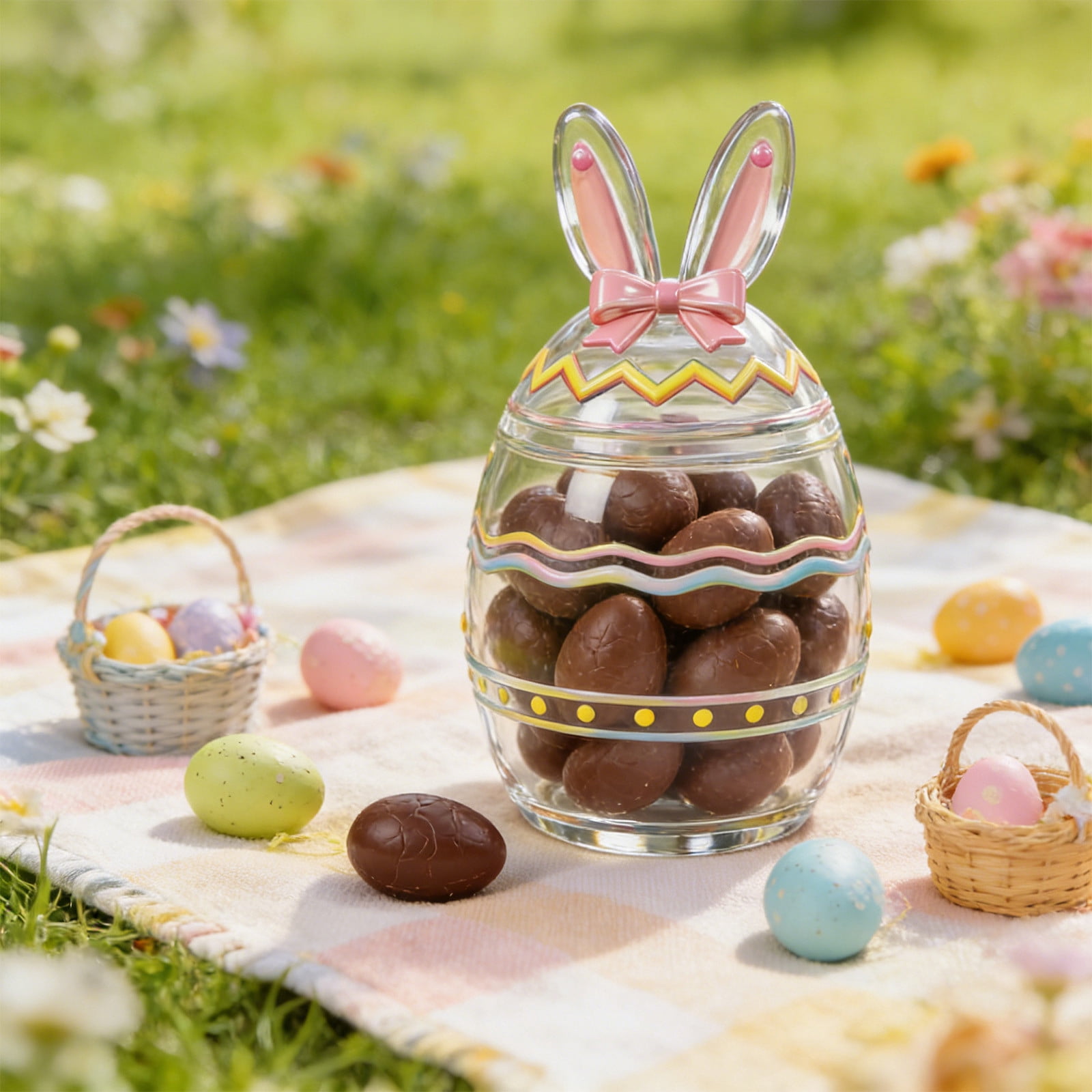 Easter Themed Glass Candy Jar with Lid, Rabbit and Egg Decorative Storage Container, Airtight Treat Jar for Kitchen Counter, Festive Holiday Gift Box for Sweets and Snacks