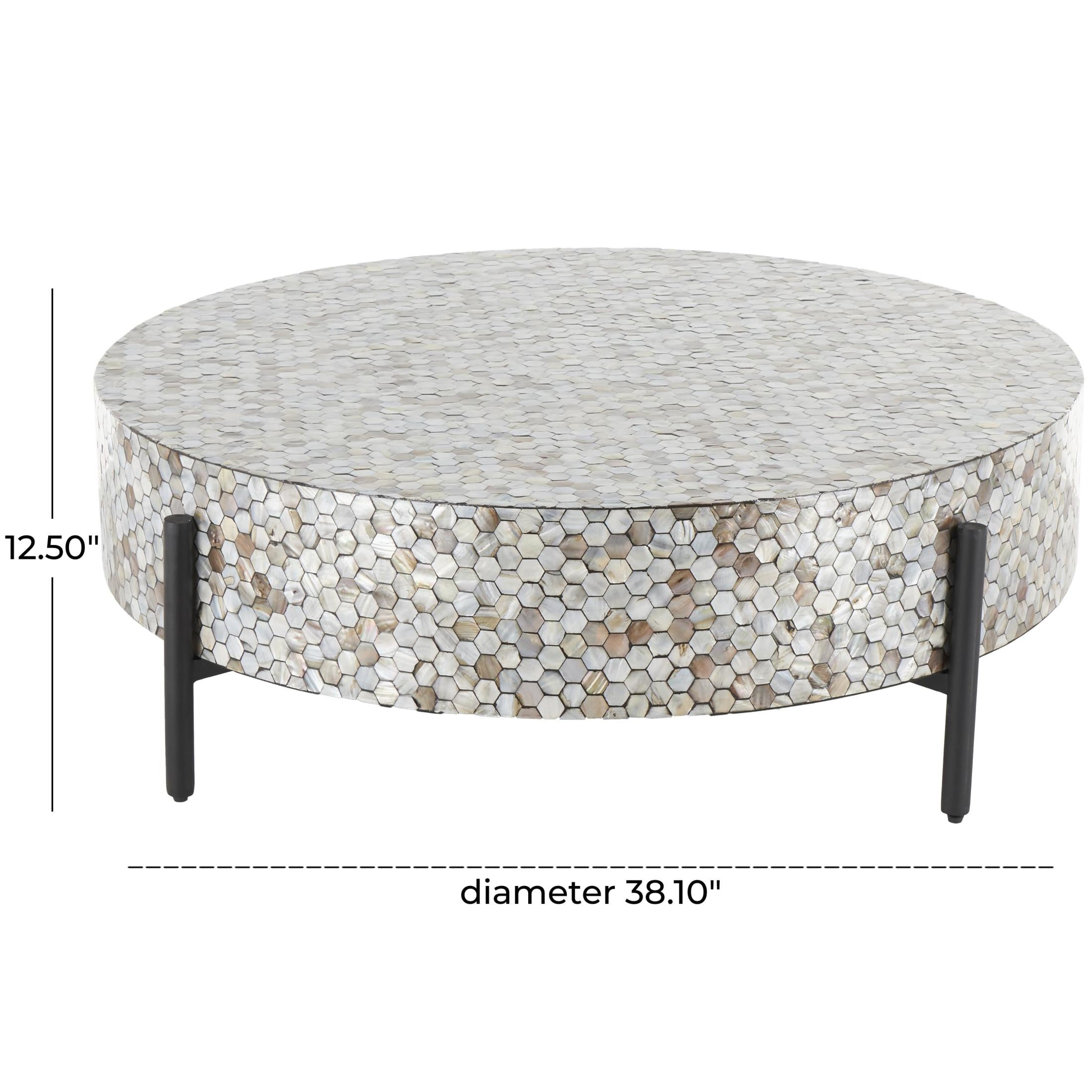 DecMode 38" x 13" Gray Mother of Pearl Shell Handmade Mosaic Inlay Geometric Coffee Table with Black Metal Legs, 1-Piece