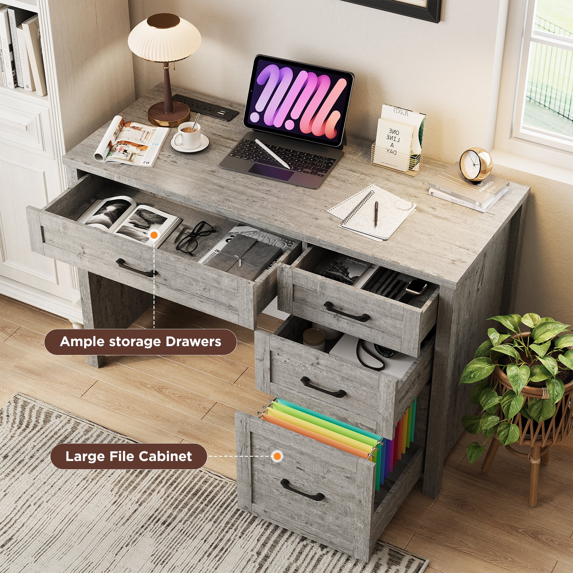 Conate 47" Executive Desk with File Cabinet and Drawers, Home Office Desk with Charging Station and Large Drawer, Workstation Table for Study